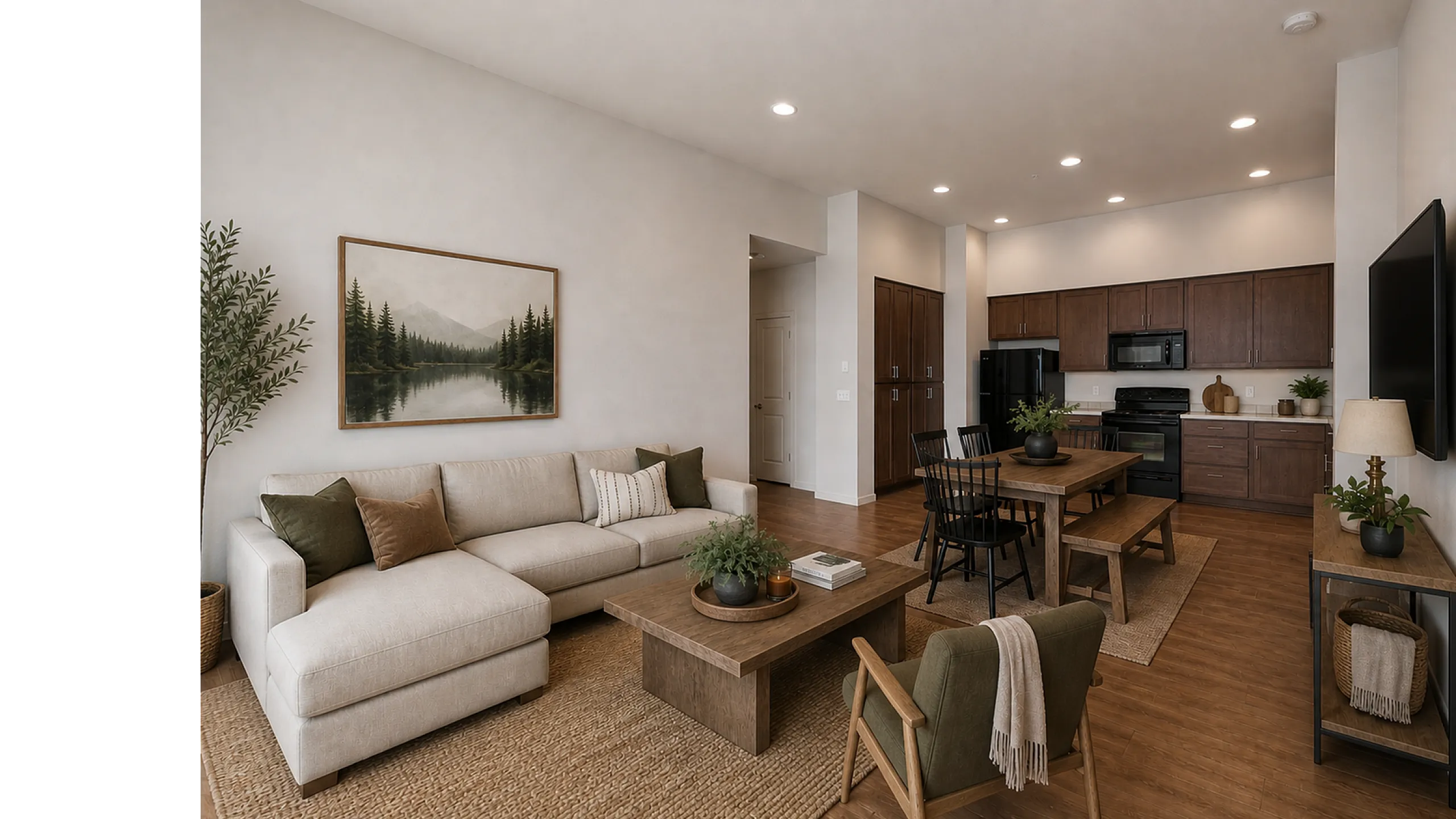 Modern open-concept living area with chic wooden floors, cozy beige sofa, rustic dining set, and sleek kitchen featuring dark wood cabinets.