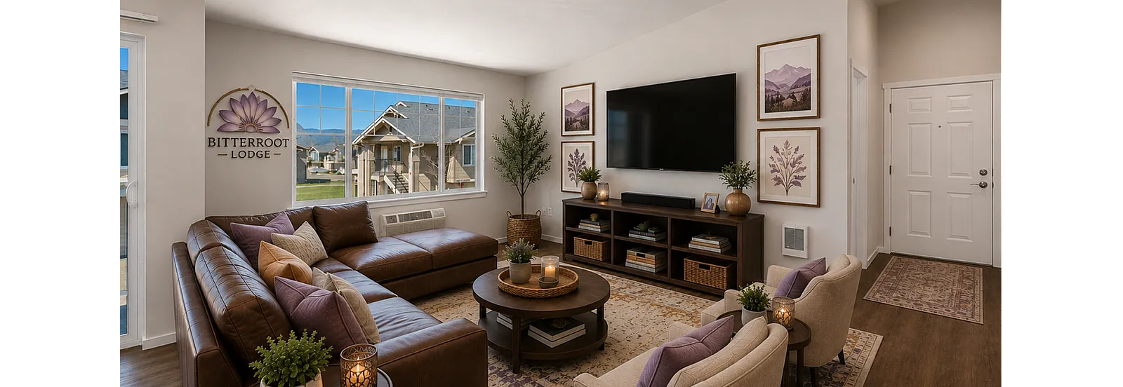 Elegant living room in Bitterroot Lodge featuring a cozy sectional sofa, stylish armchairs, and a large flat-screen TV, all basking in natural light from a large window with scenic views.