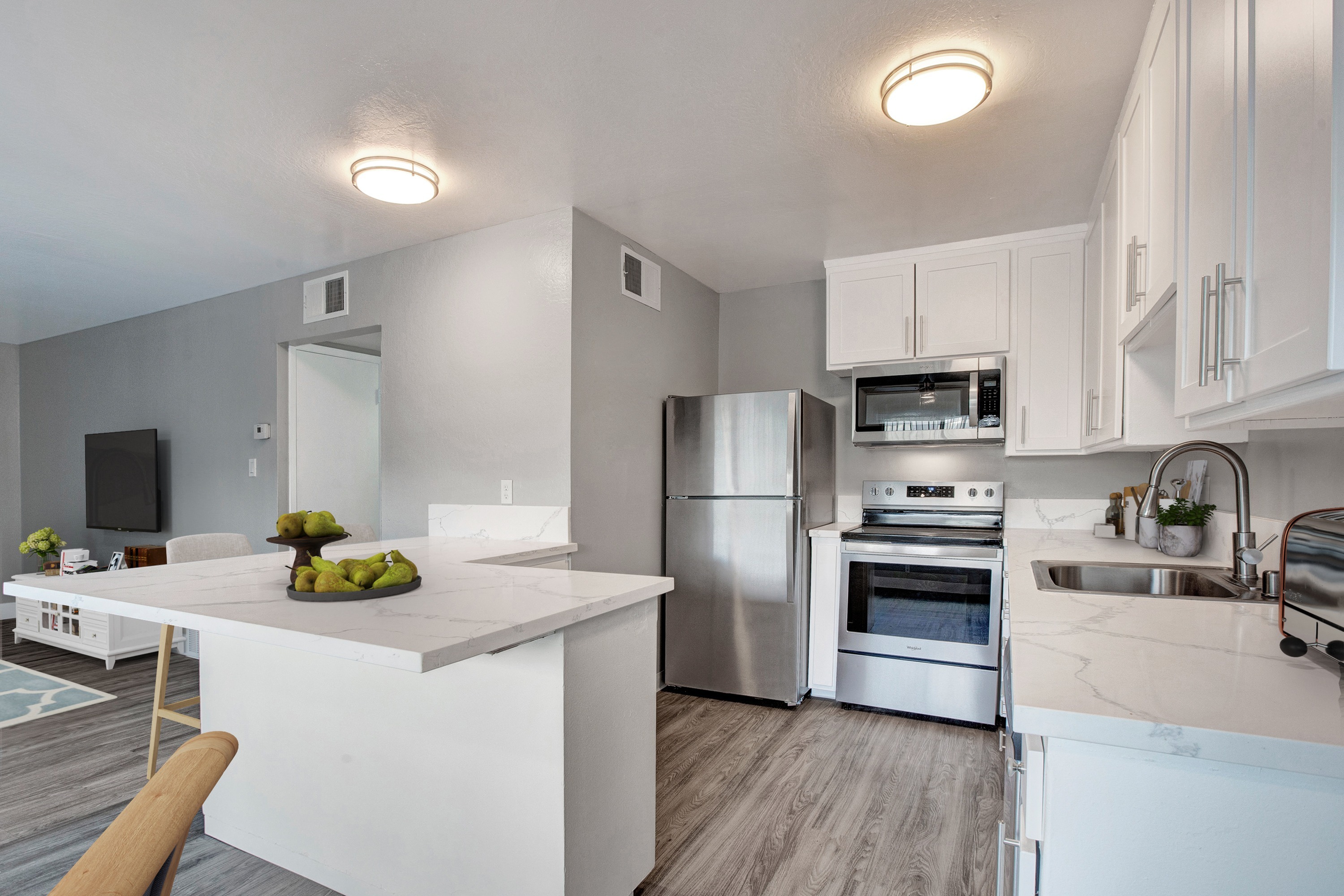 Renovated kitchen with quartz countertops and stainless steel appliances