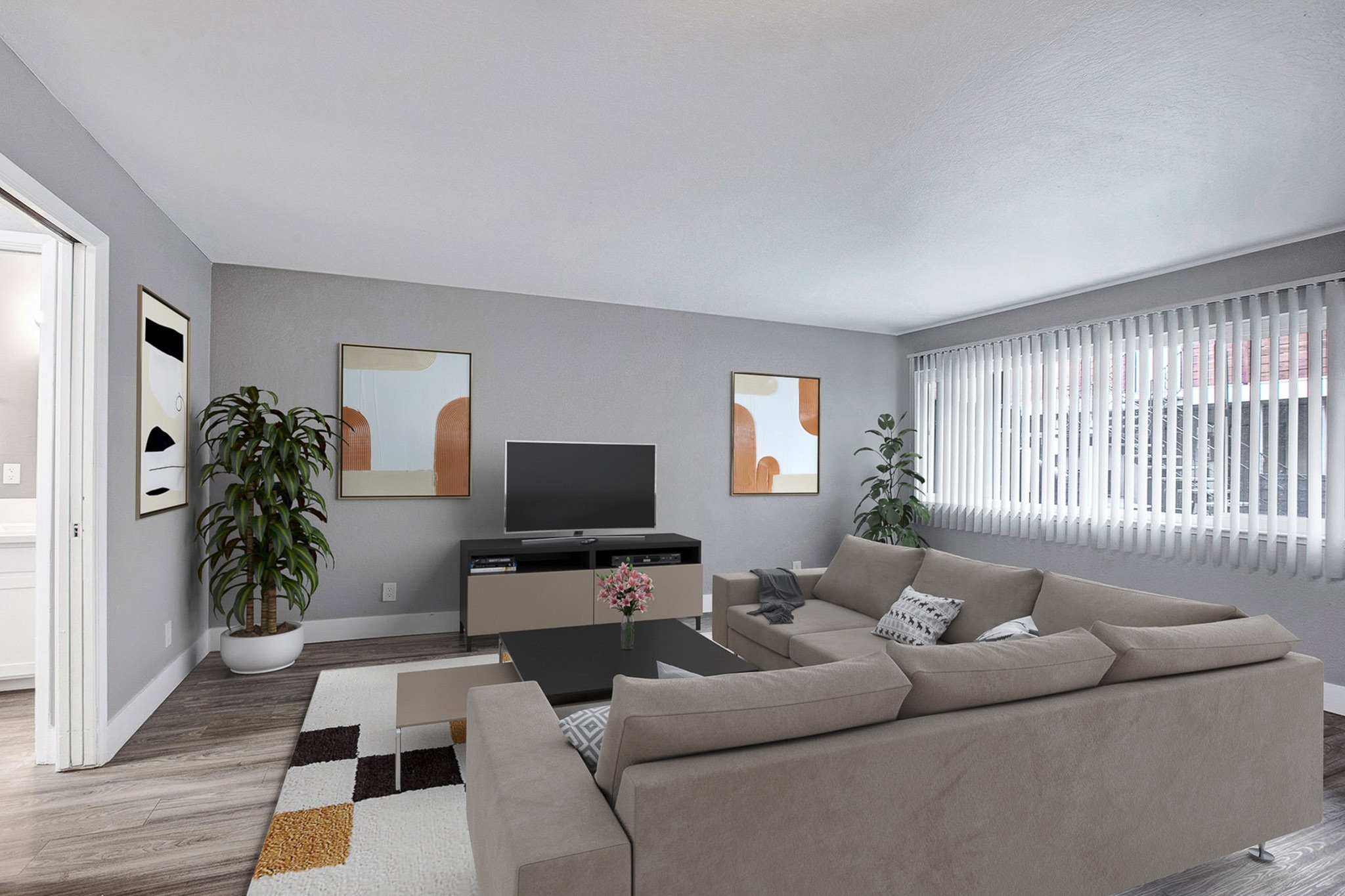 Renovated studio apartment living area