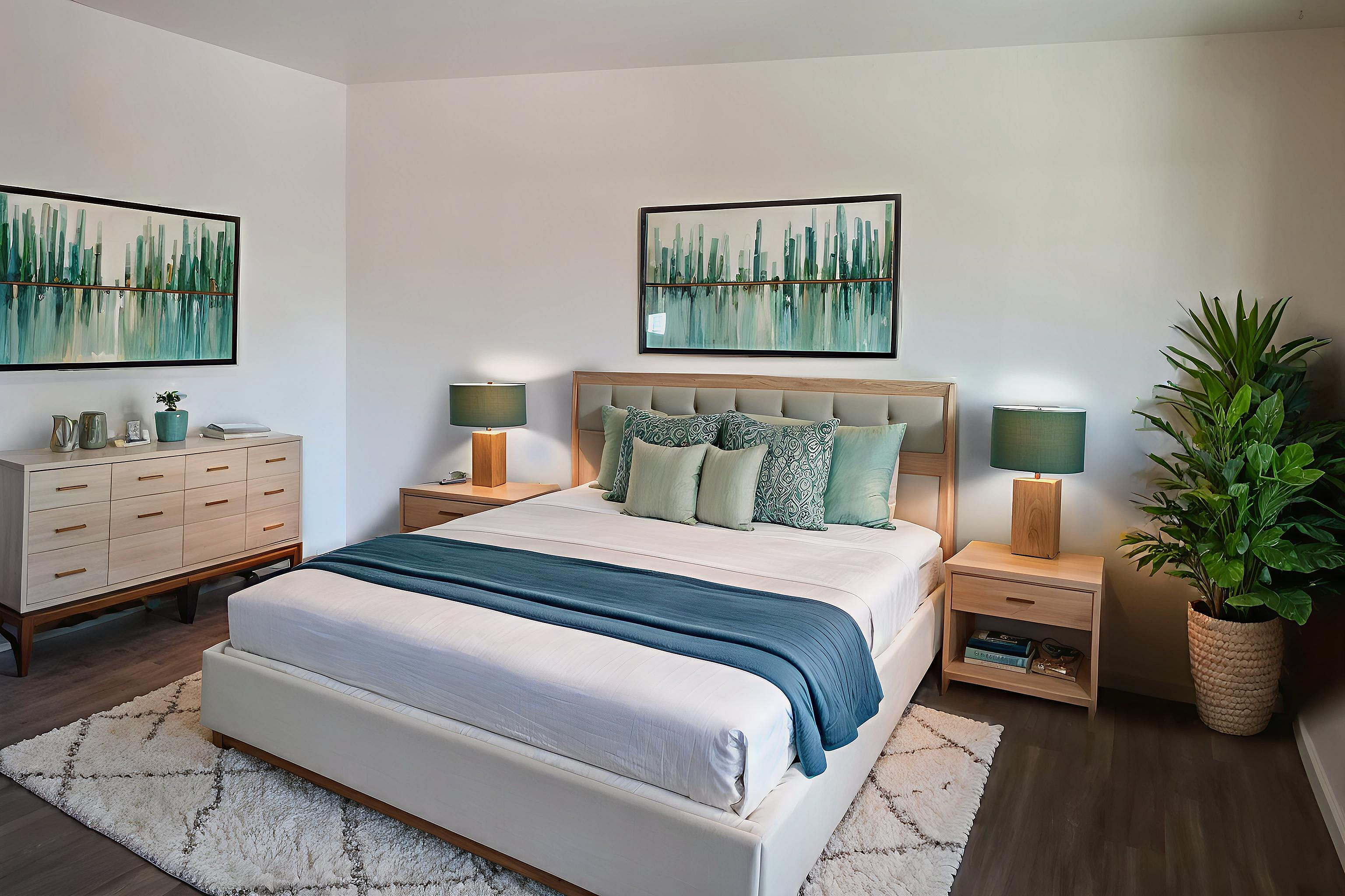Large bedroom with queen bed and modern furnishings