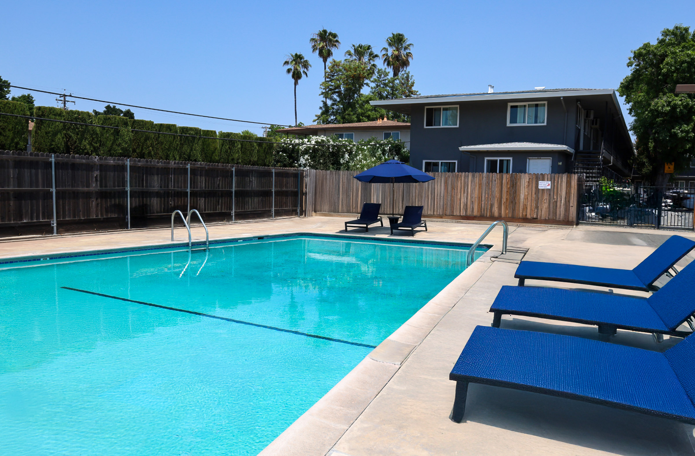 Large swimming pool with blue lounge furniture