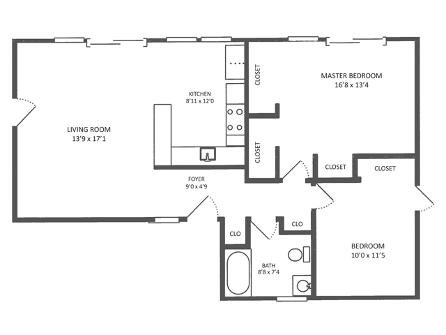 Cottage D 2BD/1BA Floor Plan