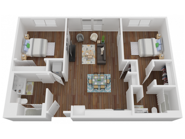 864 sq. ft. two-bedroom, two-bathroom floorplan