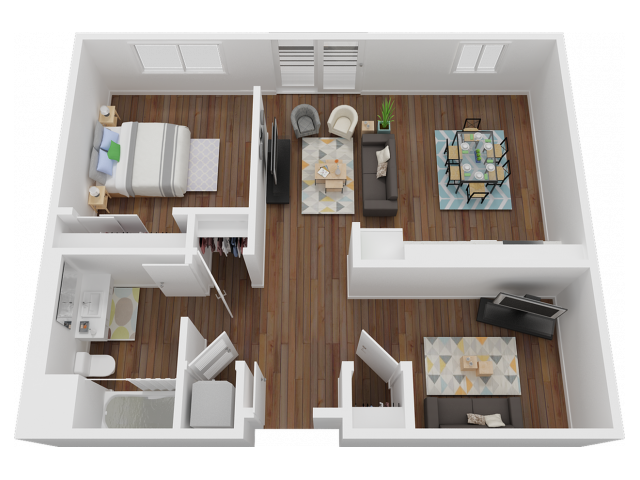 683 sq. ft. one-bedroom, one-bathroom with additional den floorplan
