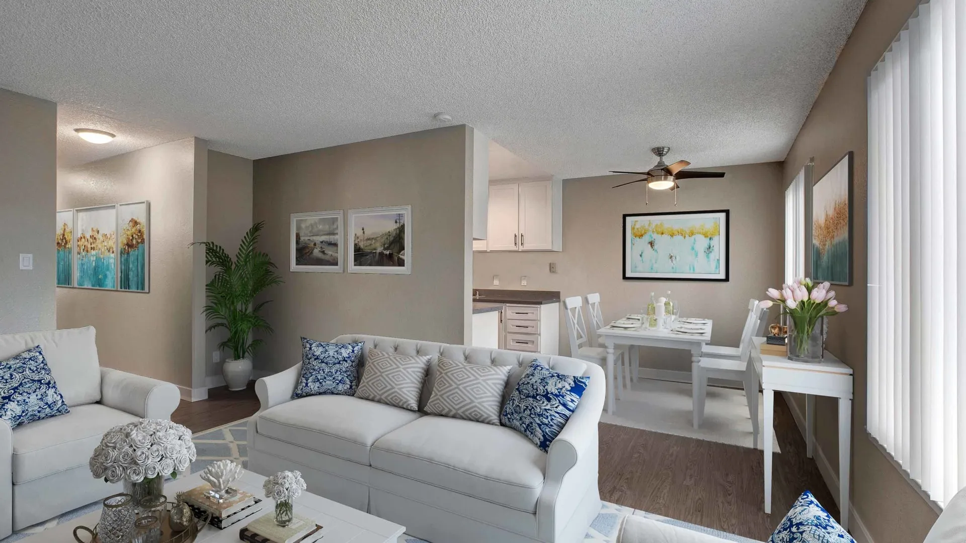 Living Room and kitchen with staged furniture