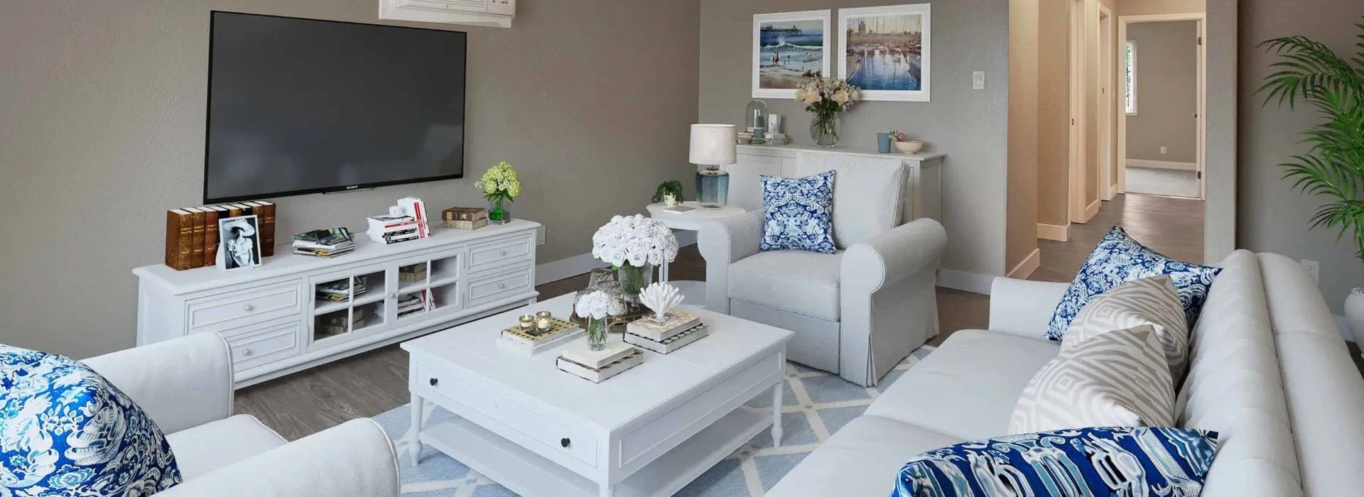The Hawthorne Apartment&ndash;Living room with white furniture