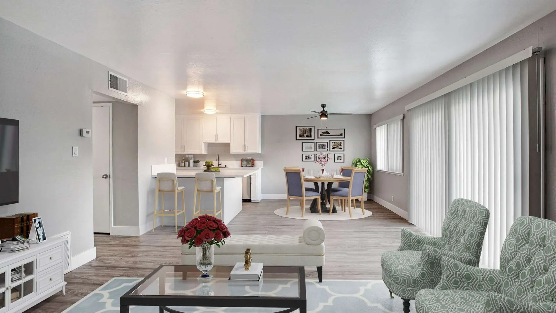 Modern living room with open floor plan at MOXY apartments