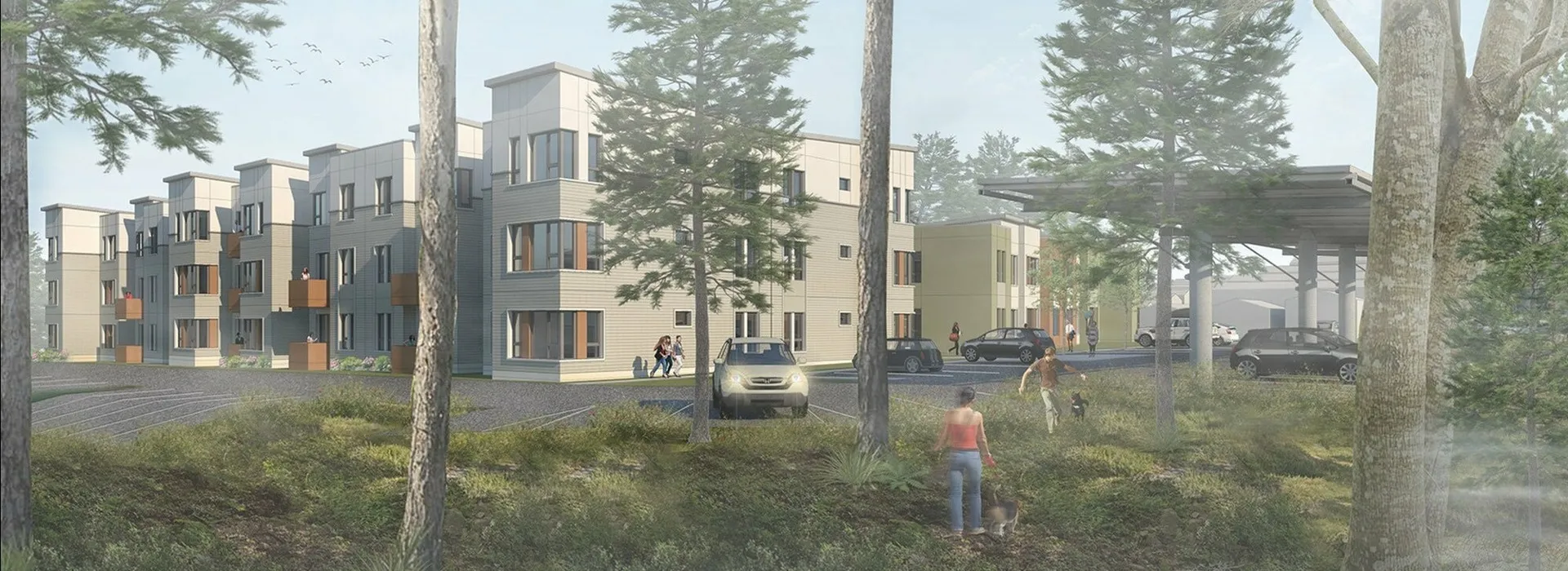 Rendering of Eastmoor Heights through the trees