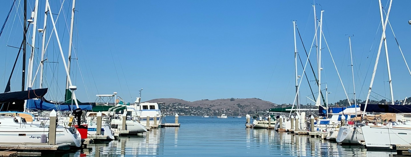 marina with sailing boats facing into the bay