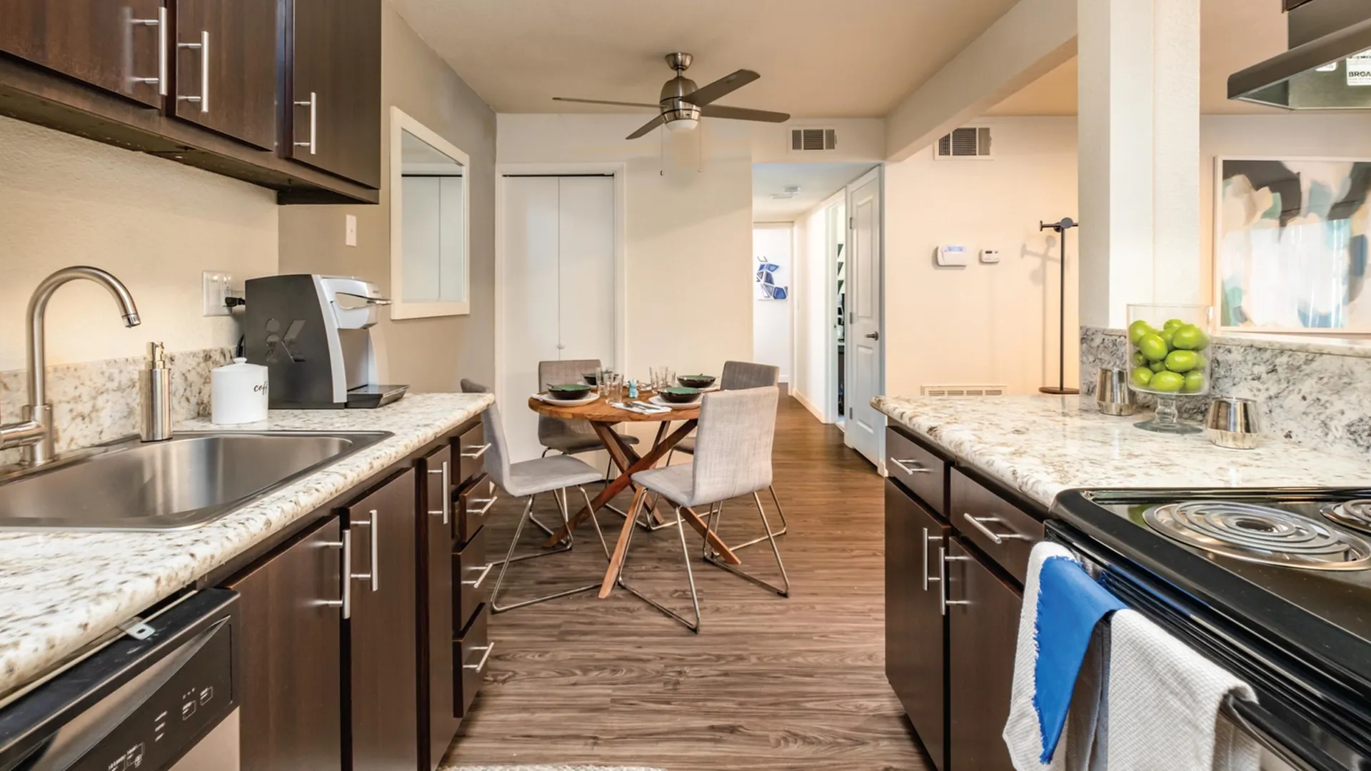 Kitchen with dark wood cabinets, modern silver pulls, and stainless steel appliances.