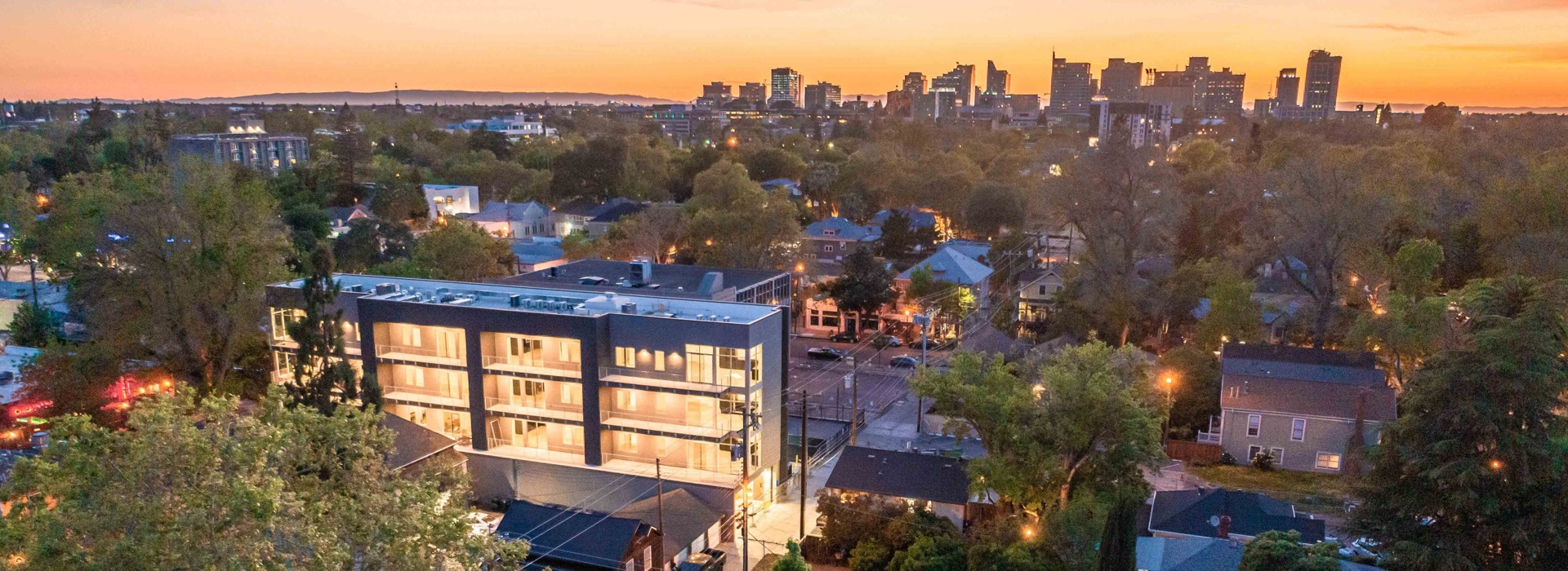 The Didion at sunset with downtown Sacramento in the background