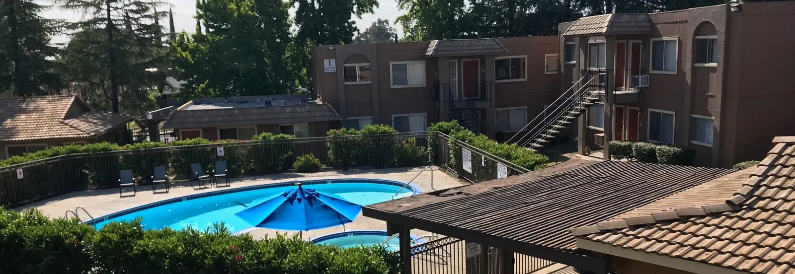 aerial view of the property overlooking the poolside