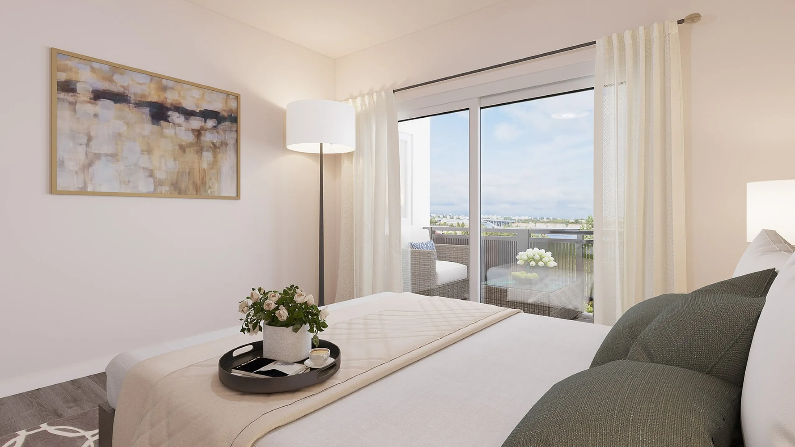Virtual staging of bedroom looking toward balcony