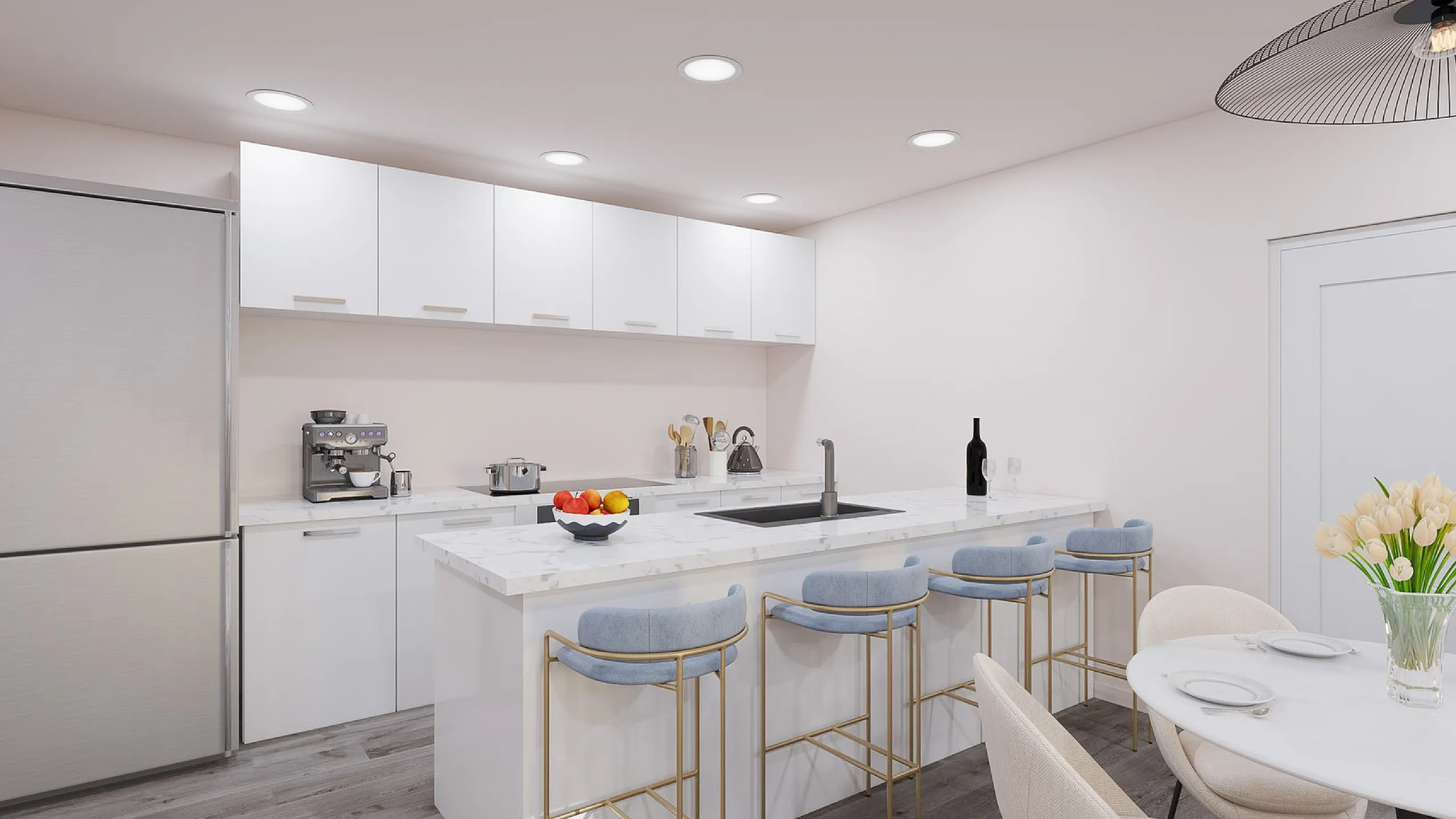 Virtual staging of modern kitchen with bar top