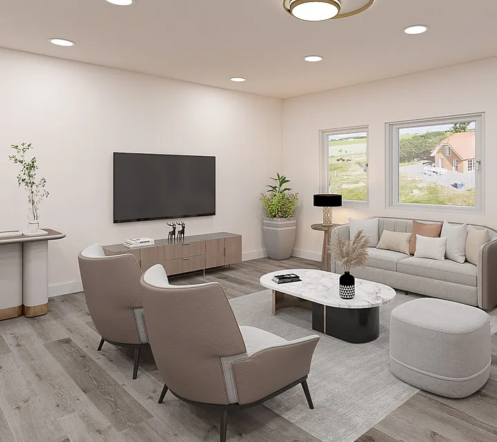 Virtual staging of living area with large windows