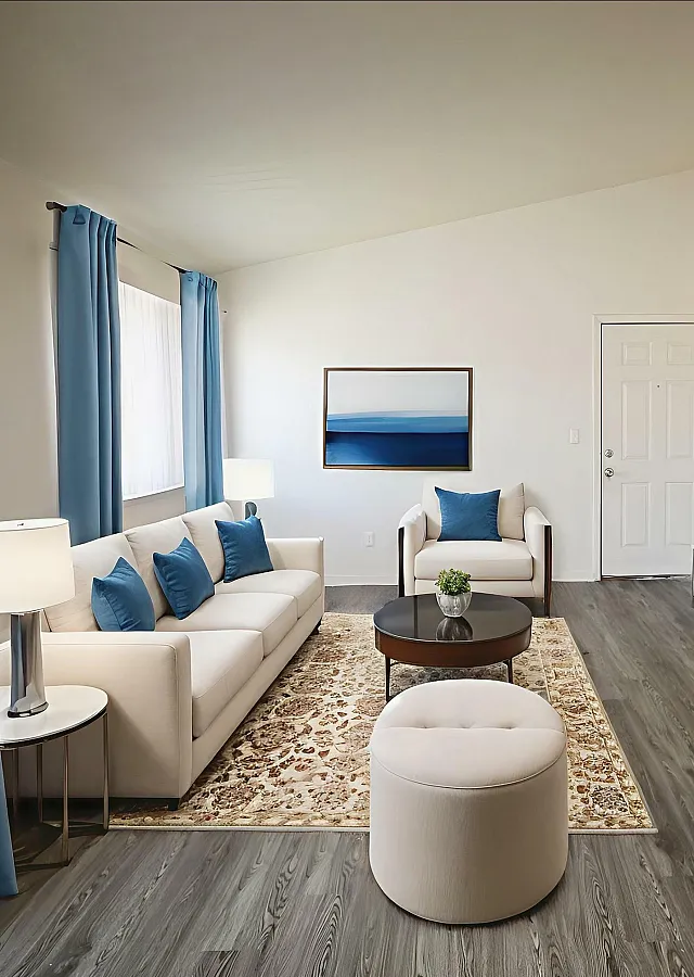 Spacious living room with hard surface flooring