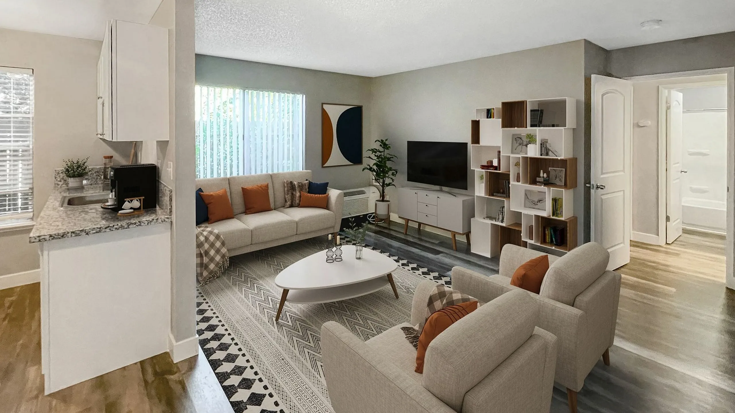 Modern living room with neutral tones, featuring a cozy sofa, chairs with orange cushions, a large TV, geometric rug, and decorative shelving. Bright, inviting atmosphere.