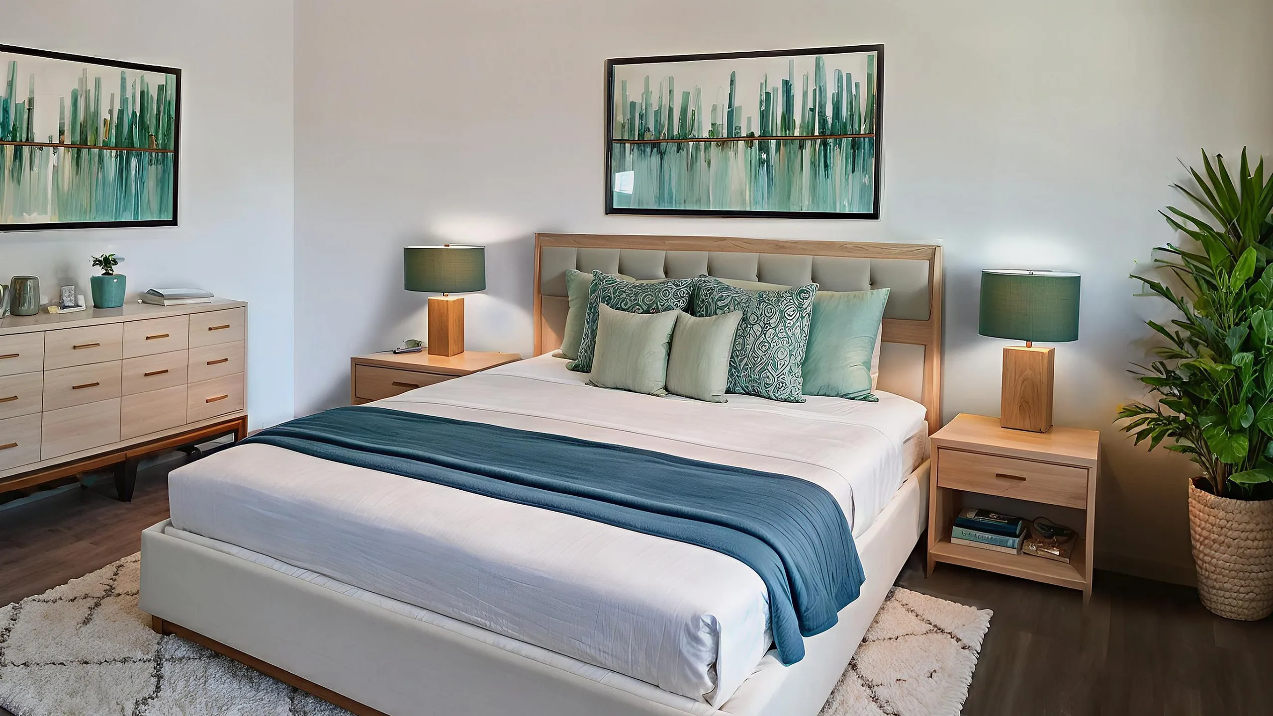 bedroom with queen bed and blue and green accents