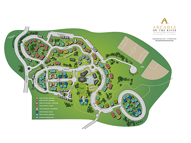 Detailed map of Arcadia on the River student living community, showcasing various cottages and amenities.