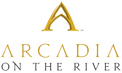 Logo for Arcadia on the River, emphasizing student living with a gold letter 'A'.