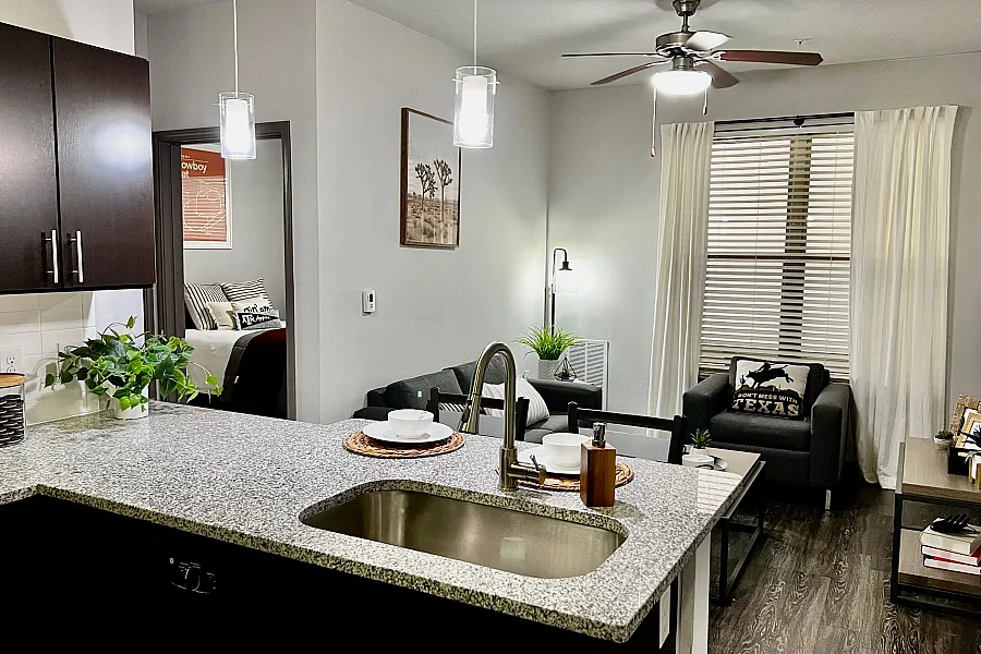 Chic apartment interior featuring a modern kitchen with granite countertops, an inviting living room with cozy seating, and elegant decor under ambient lighting.