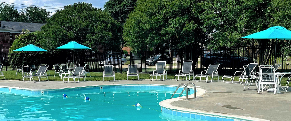 Inviting outdoor swimming pool surrounded by lush greenery and sun loungers, offering a perfect spot for relaxation and leisure.