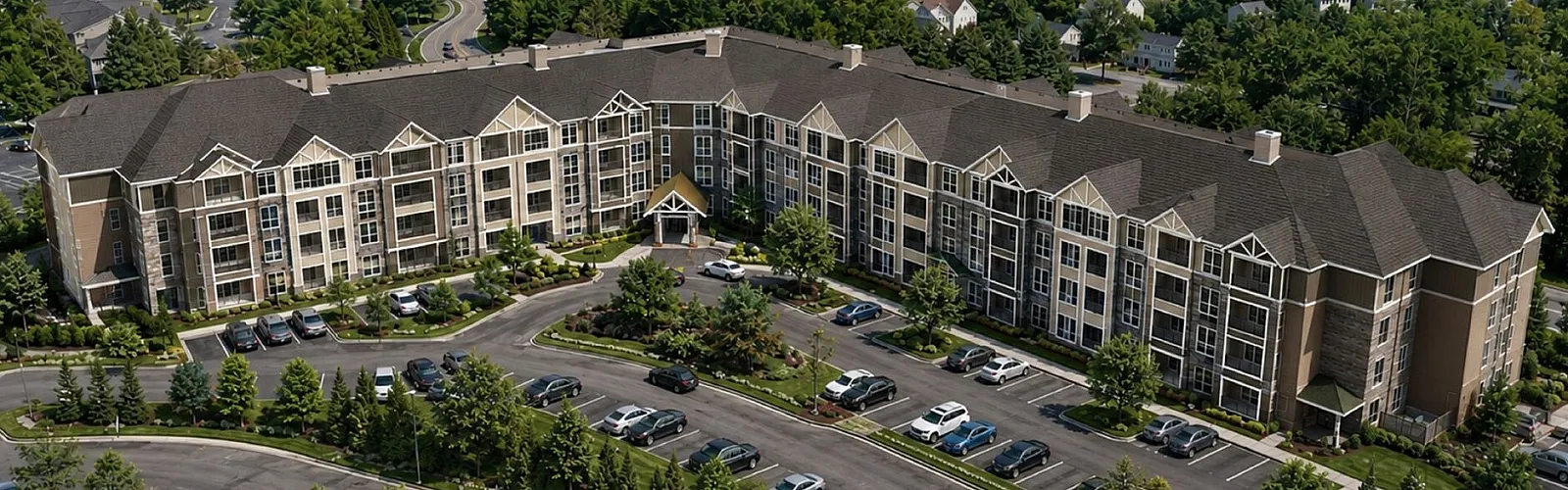 Luxurious apartment complex surrounded by lush greenery, showcasing ample parking and contemporary architecture.