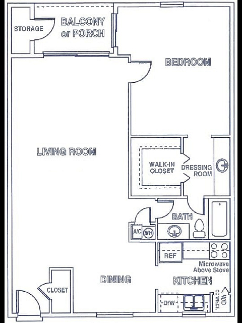 Contemporary floor plan showcasing a spacious one-bedroom apartment with a large living area, dining space, modern kitchen, and balcony.