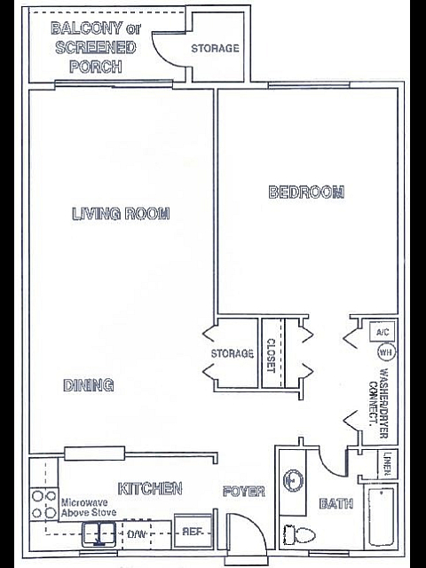 Detailed floor plan featuring a large living room, dining area, and bedroom with balcony access.
