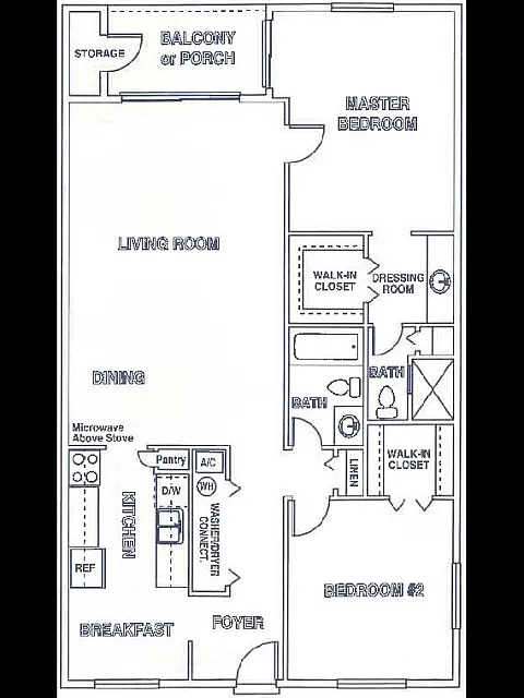 Spacious floor plan featuring 2 bedrooms, 2 baths, a modern kitchen with a breakfast area, and a large living room with balcony access.