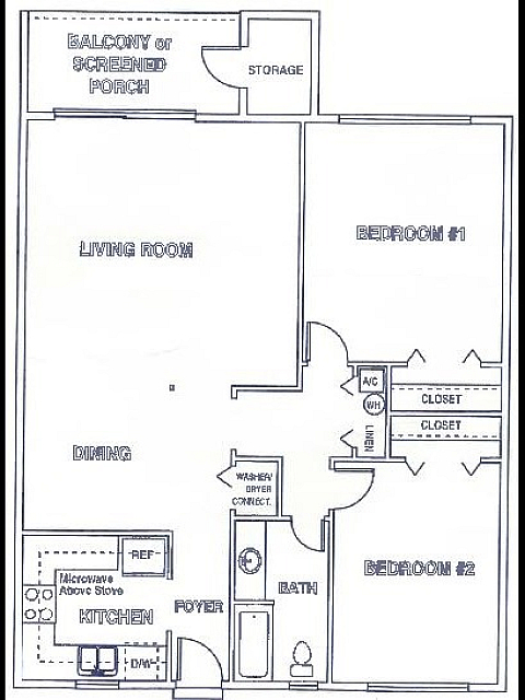 Inviting 2D floor plan with 2 bedrooms, a large living room, dining area, kitchen, and porch access.
