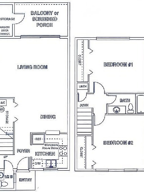 Detailed floor plan of a two-story apartment featuring a spacious living room and balcony downstairs, with two bedrooms and a bath upstairs.