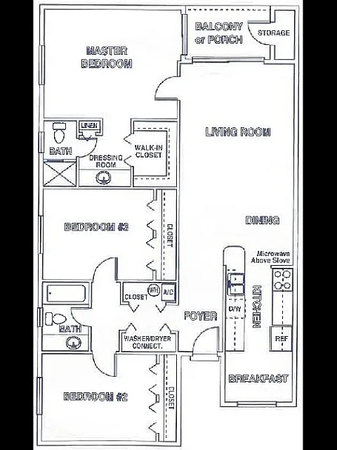 Comprehensive floor plan featuring 3 bedrooms, open living and dining areas, and a balcony.