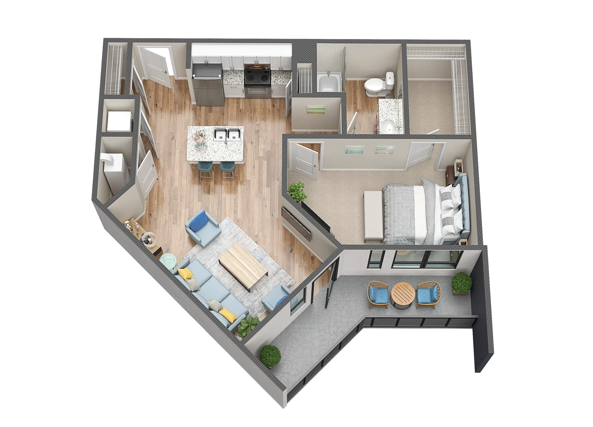 Overhead view of a 1 bedroom 1 bath van Gogh floor plan.