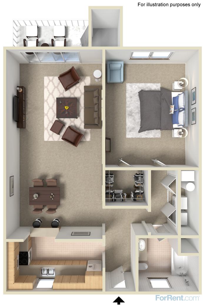 Spacious one-bedroom apartment floor plan with open living room, dining area, and modern kitchen.