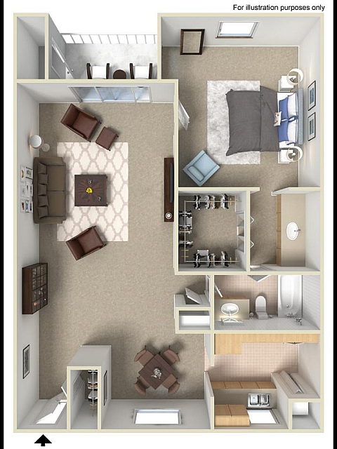 3D apartment floor plan featuring a spacious bedroom, a cozy living room, and modern kitchen amenities.