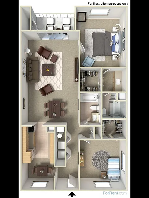 3D floor plan showing two bedrooms, spacious living room, and modern kitchen layout.
