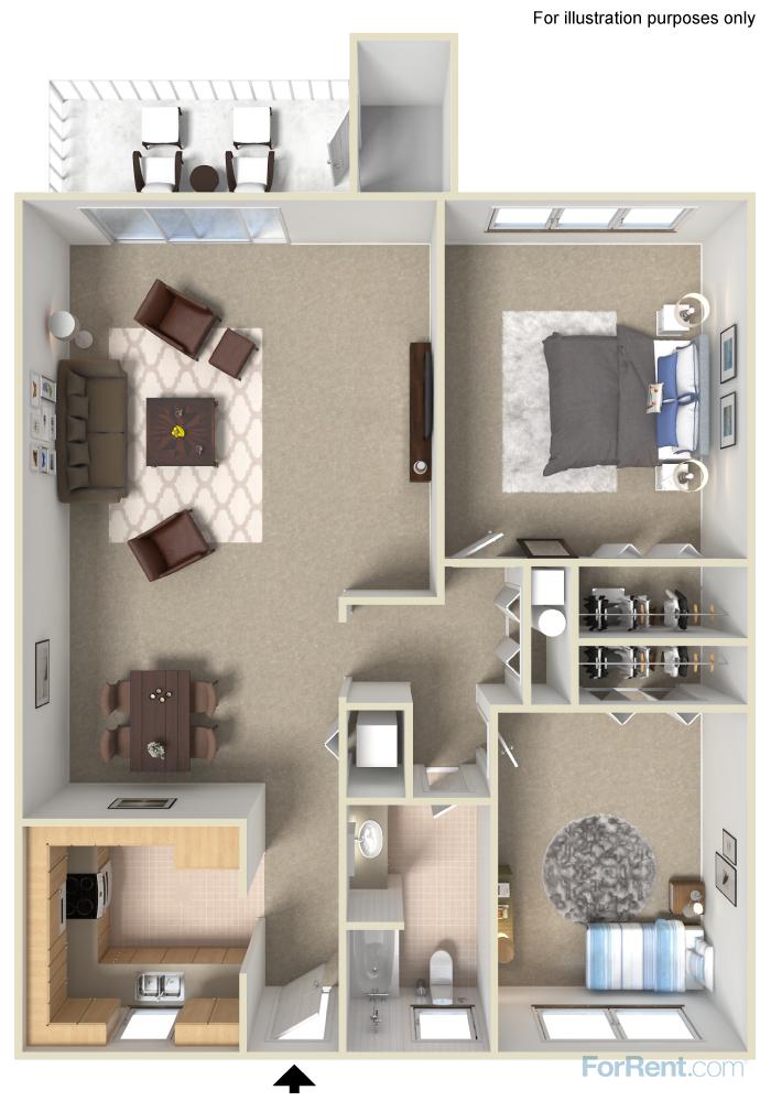 3D floor plan of a modern apartment with two bedrooms, inviting living room, stylish dining area, and functional kitchen.