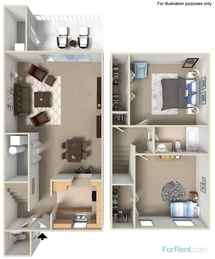 Modern 3D floor plan of a two-story apartment featuring a spacious living room, dining area, kitchen, two bedrooms, and a private balcony.
