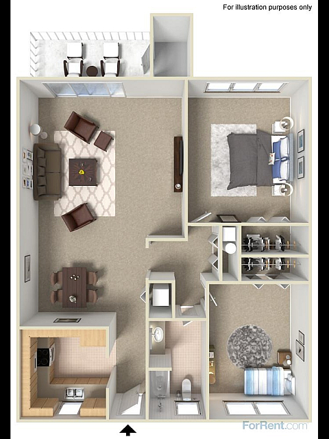 Inviting 3D floor plan featuring 2 bedrooms, a stylish living room, and a functional kitchen.