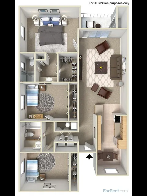 3D apartment floor plan with three bedrooms, modern kitchen, cozy living room, and two bathrooms.