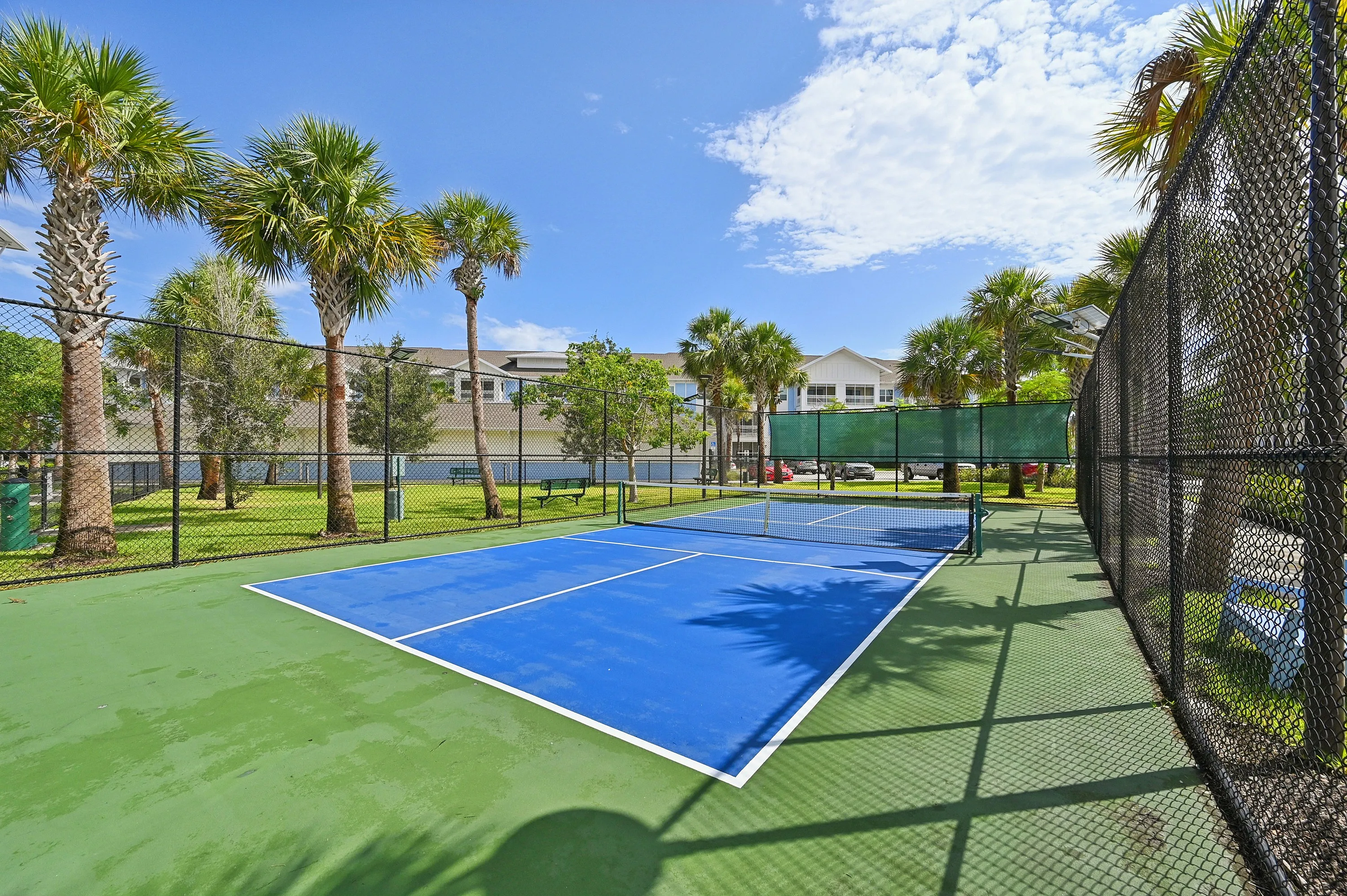 Vibrant blue tennis court surrounded by lush palm trees and modern apartments, perfect for active living.