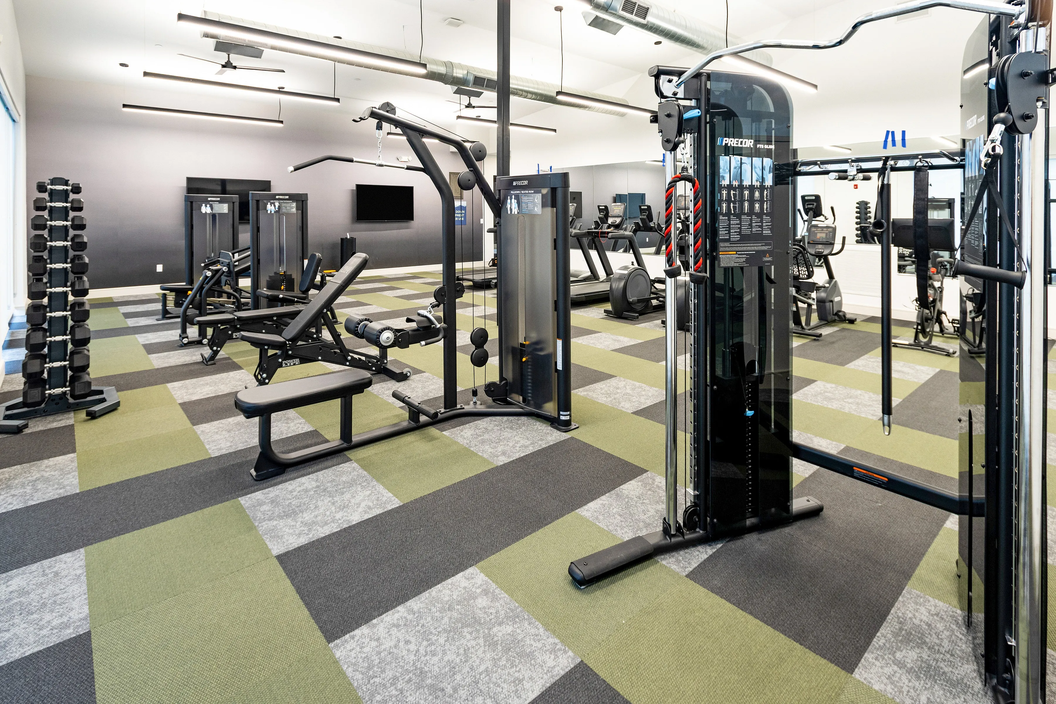 Modern fitness center with a variety of state-of-the-art exercise machines, free weights, and a stylish geometric carpet design.