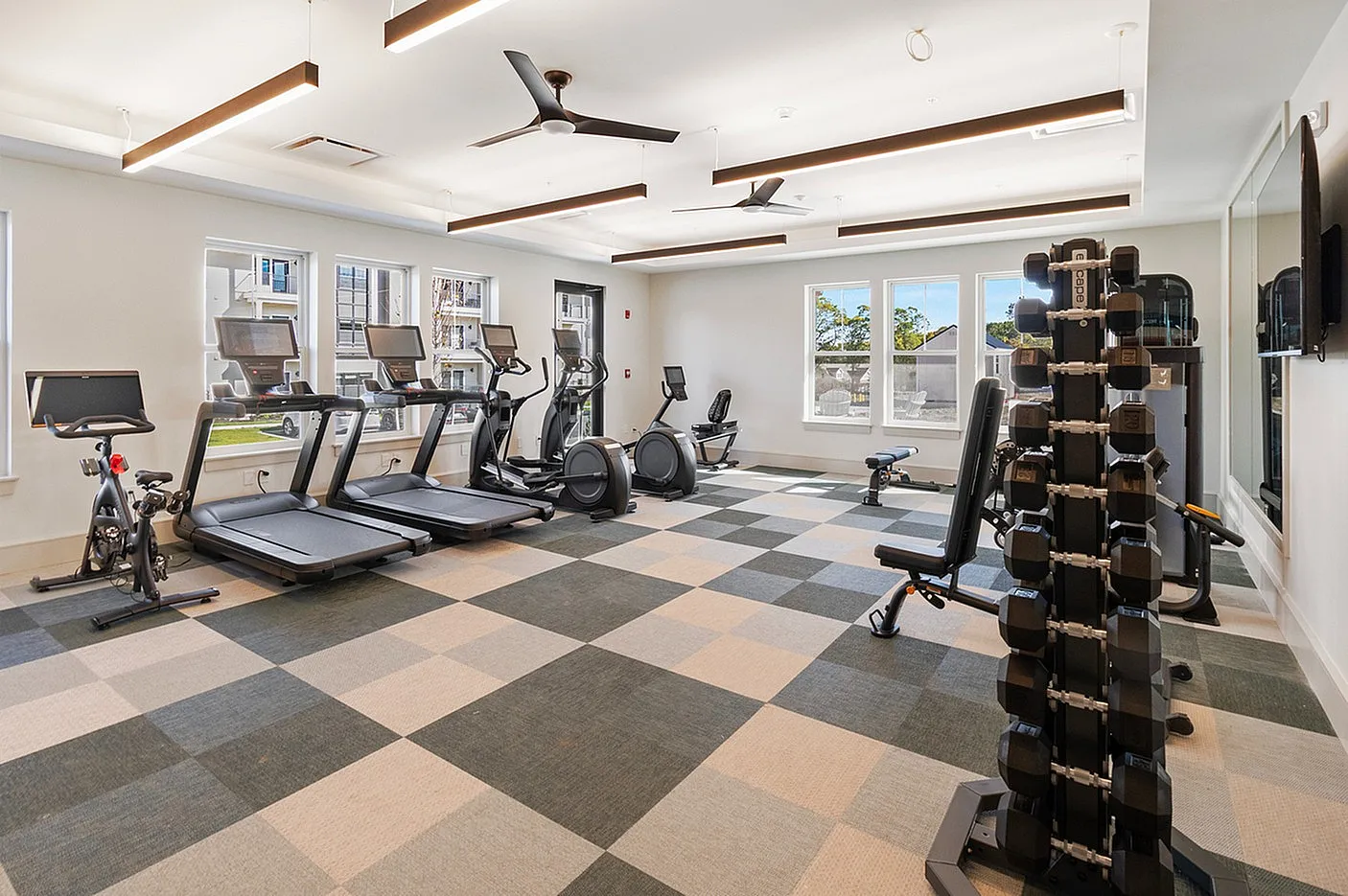 Modern fitness room with state-of-the-art equipment, including treadmills, stationary bikes, and a weight rack, bathed in natural light.