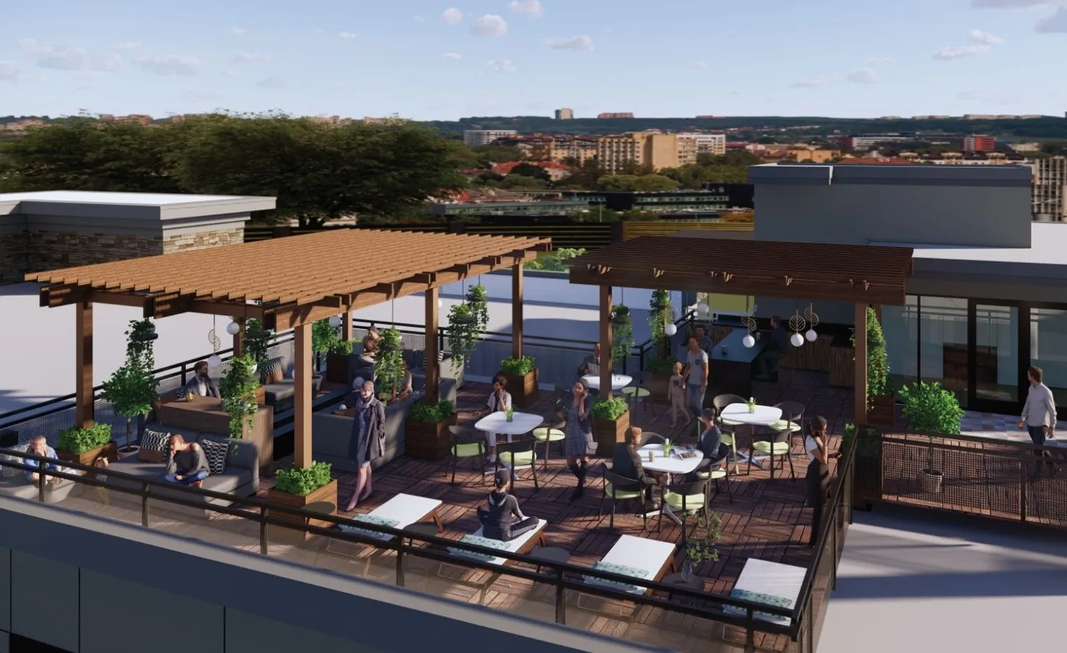 Vibrant rooftop lounge with stylish pergolas, lush greenery, and inviting seating areas, offering scenic city views.