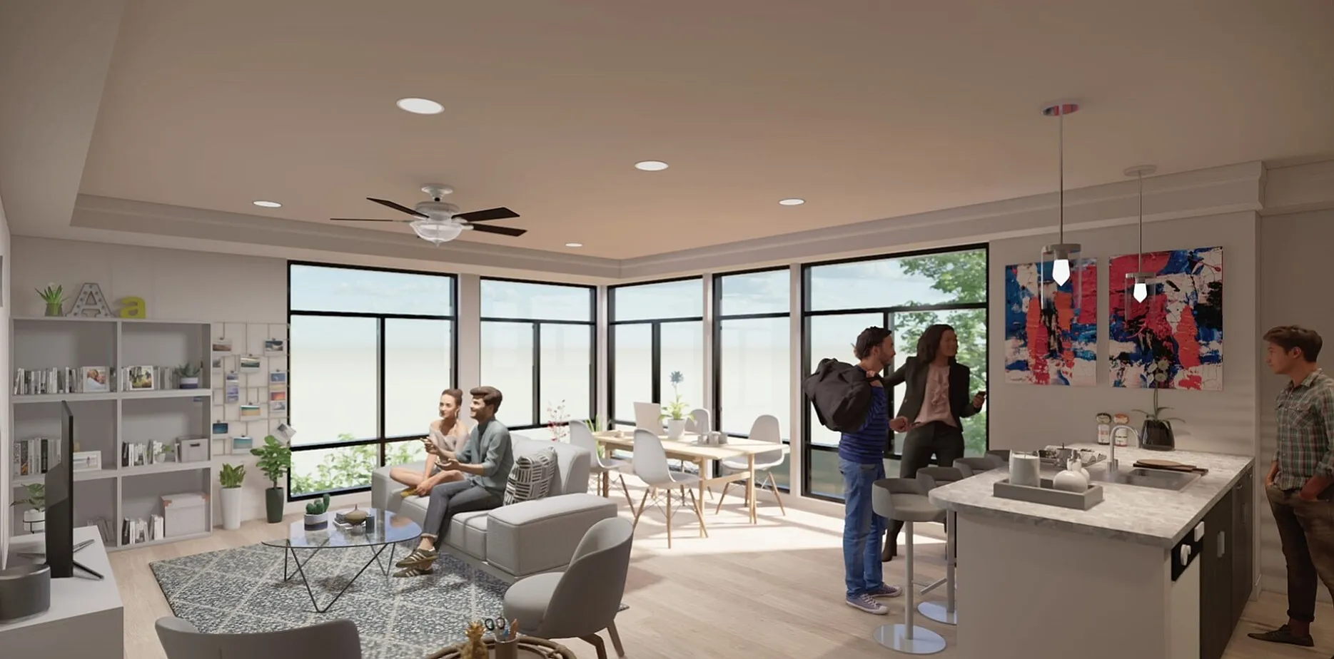 Modern open-concept living space with stylish furniture, large windows, and contemporary art, perfect for social gatherings and relaxation.