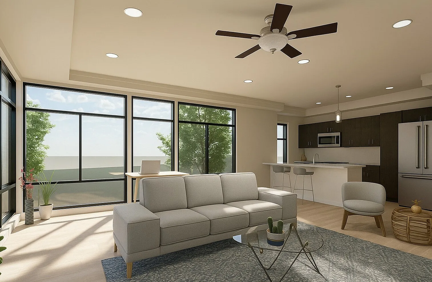 Bright and modern open-concept living room with large windows, stylish furnishings, and a sleek kitchen bar.