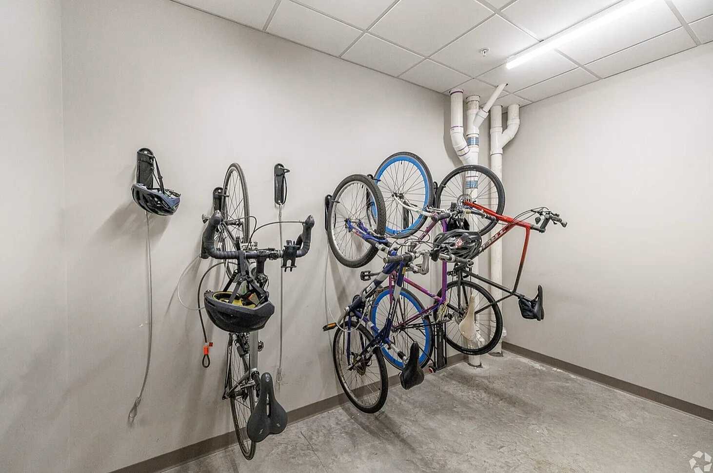 Modern bike storage room with neatly mounted bicycles and bright overhead lighting.