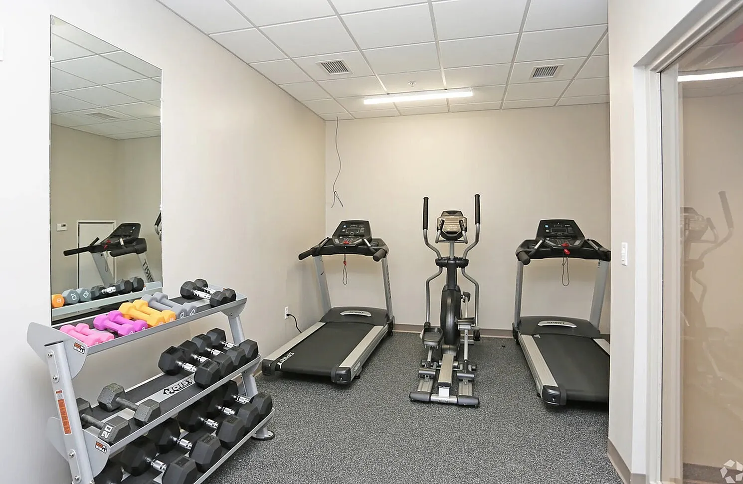 Modern fitness room equipped with treadmills, elliptical, and a variety of dumbbells, ideal for an active lifestyle in a comfortable setting.